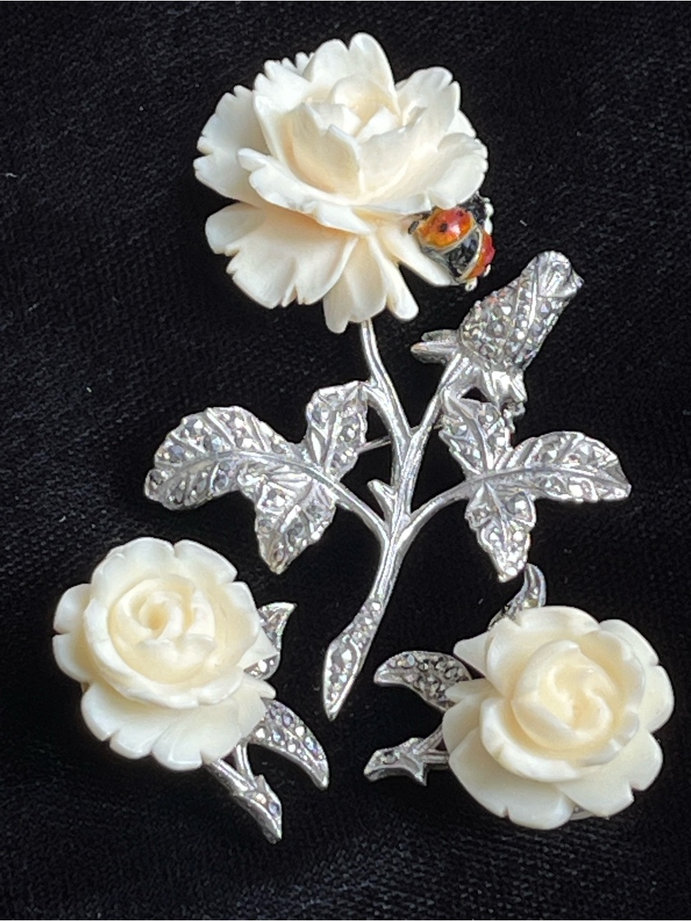 Vintage Sterling Silver Flower Brooch with Enamel Ladybug and Matching Earrings